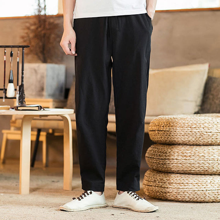 Pantaloni da uomo affusolati in lino tinta unita con coulisse e tasche Buddha Stones - image 20