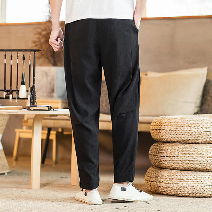 Pantaloni da uomo affusolati in lino tinta unita con coulisse e tasche Buddha Stones - image 23