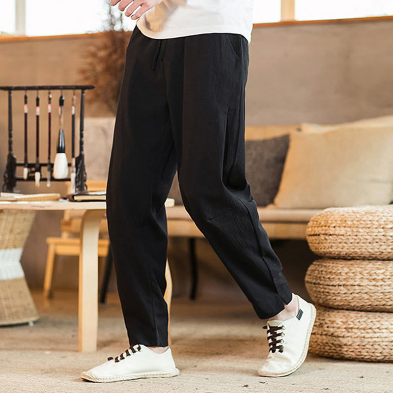 Pantaloni da uomo affusolati in lino tinta unita con coulisse e tasche Buddha Stones - Nero - US/UK/AU46, EU56 (5XL) - image 19