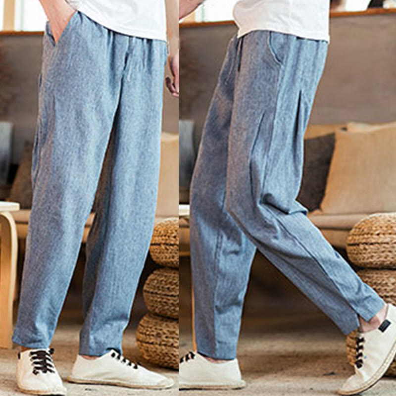 Pantaloni da uomo affusolati in lino tinta unita con coulisse e tasche Buddha Stones - image 34