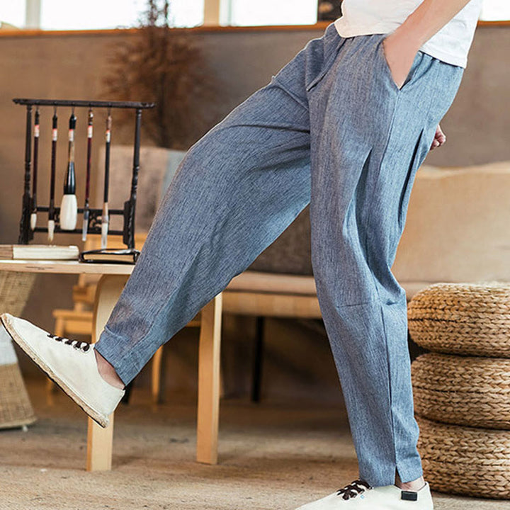 Pantaloni da uomo affusolati in lino tinta unita con coulisse e tasche Buddha Stones - image 32