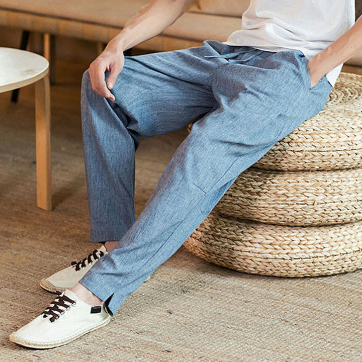 Pantaloni da uomo affusolati in lino tinta unita con coulisse e tasche Buddha Stones - image 33