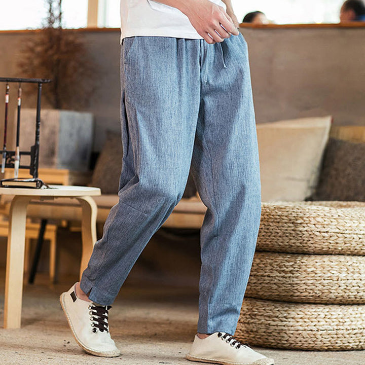 Pantaloni da uomo affusolati in lino tinta unita con coulisse e tasche Buddha Stones - image 28