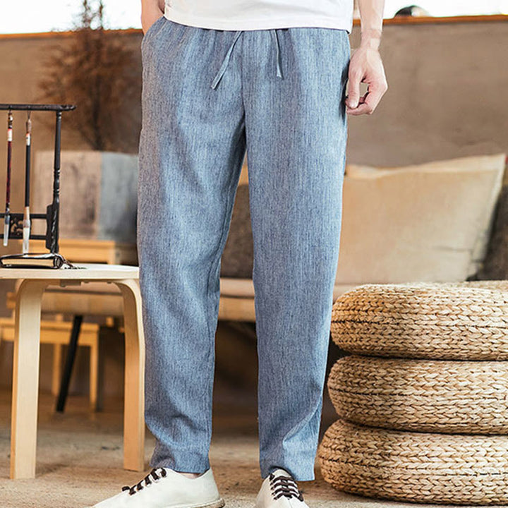 Pantaloni da uomo affusolati in lino tinta unita con coulisse e tasche Buddha Stones - image 29