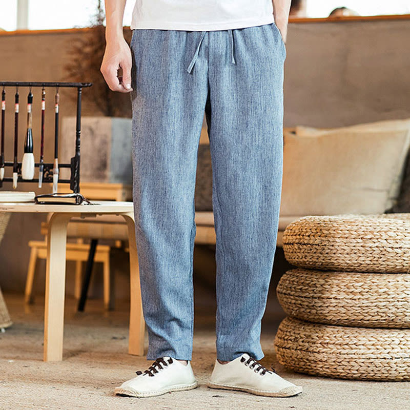 Pantaloni da uomo affusolati in lino tinta unita con coulisse e tasche Buddha Stones - BluAcciaioChiaro - US/UK/AU46, EU56 (5XL) - image 27