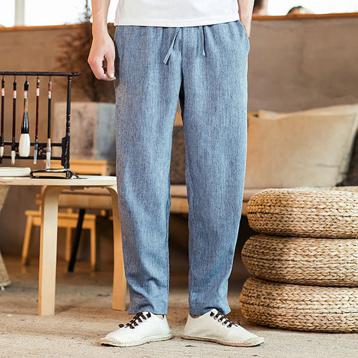 Pantaloni da uomo affusolati in lino tinta unita con coulisse e tasche Buddha Stones - BluAcciaioChiaro - US/UK/AU46, EU56 (5XL) - image 27