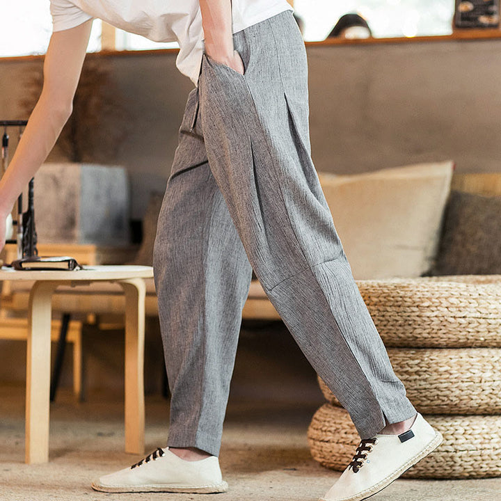Pantaloni da uomo affusolati in lino tinta unita con coulisse e tasche Buddha Stones - image 16