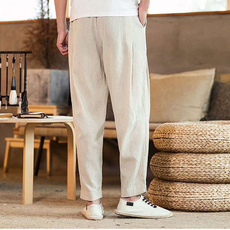 Pantaloni da uomo affusolati in lino tinta unita con coulisse e tasche Buddha Stones - image 38