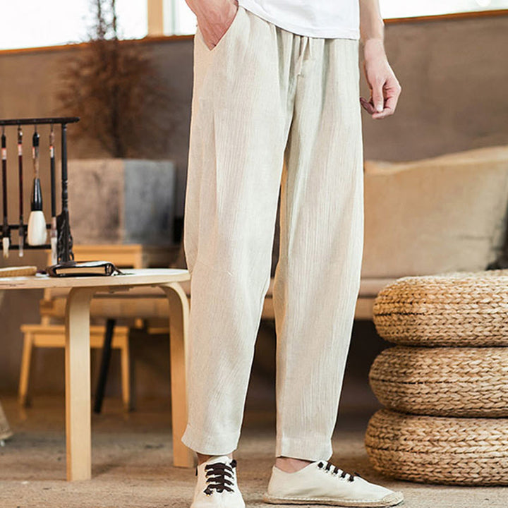 Pantaloni da uomo affusolati in lino tinta unita con coulisse e tasche Buddha Stones - image 37