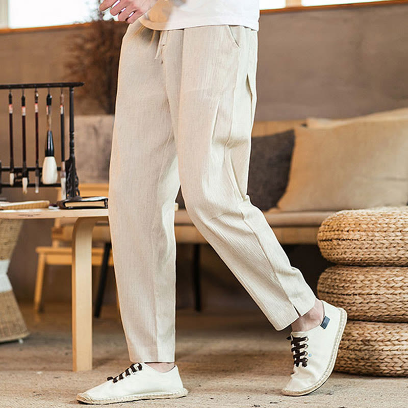 Pantaloni da uomo affusolati in lino tinta unita con coulisse e tasche Buddha Stones - Beige - US/UK/AU46, EU56 (5XL) - image 35