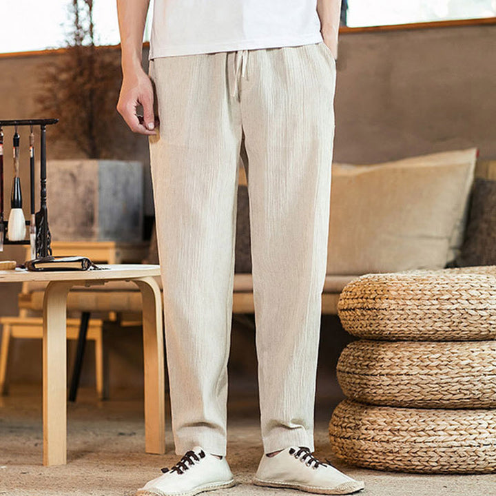 Pantaloni da uomo affusolati in lino tinta unita con coulisse e tasche Buddha Stones - image 36