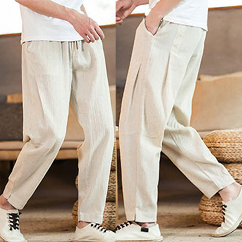 Pantaloni da uomo affusolati in lino tinta unita con coulisse e tasche Buddha Stones - image 45