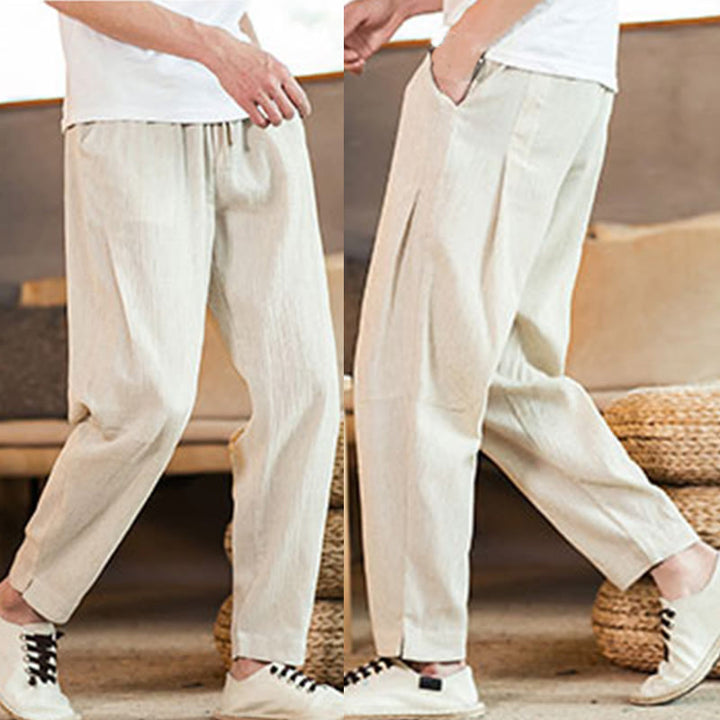 Pantaloni da uomo affusolati in lino tinta unita con coulisse e tasche Buddha Stones - image 45