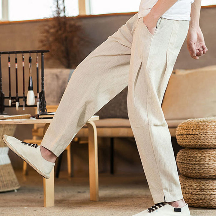 Pantaloni da uomo affusolati in lino tinta unita con coulisse e tasche Buddha Stones - image 41