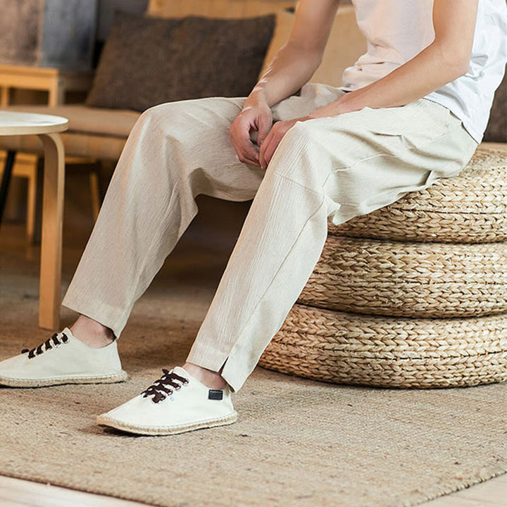 Pantaloni da uomo affusolati in lino tinta unita con coulisse e tasche Buddha Stones - image 42