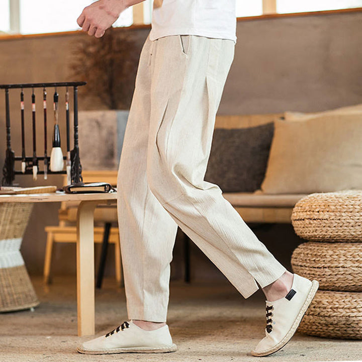 Pantaloni da uomo affusolati in lino tinta unita con coulisse e tasche Buddha Stones - image 40