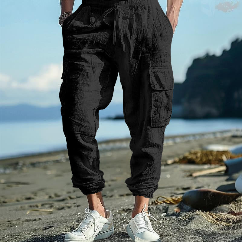 Pantaloni cargo da uomo in lino tinta unita con coulisse e tasche Buddha Stones - Nero - US/UK/AU46, EU56 (3XL) - image 1