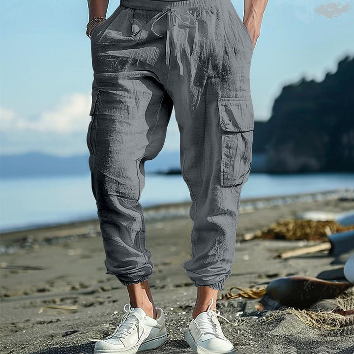 Pantaloni cargo da uomo in lino tinta unita con coulisse e tasche Buddha Stones - Grigio - US/UK/AU46, EU56 (3XL) - image 15