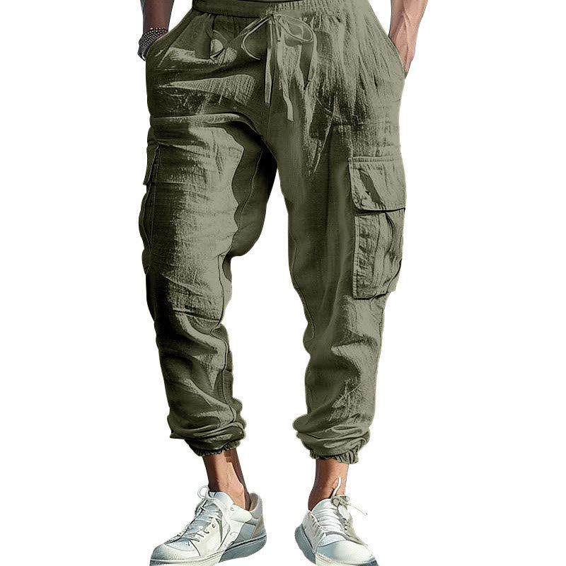 Pantaloni cargo da uomo in lino tinta unita con coulisse e tasche Buddha Stones - DarkSeaGreen - US/UK/AU46, EU56 (3XL) - image 30