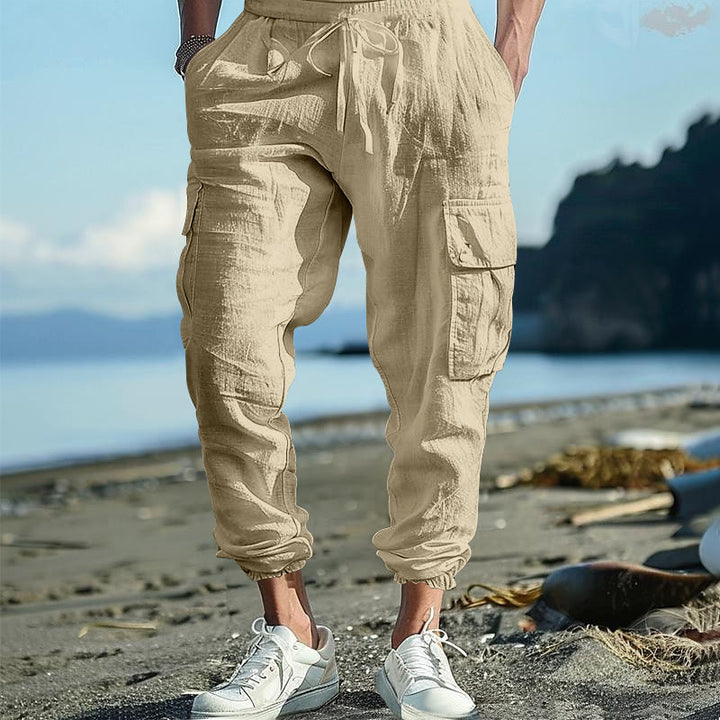 Pantaloni cargo da uomo in lino tinta unita con coulisse e tasche Buddha Stones - Grano - US/UK/AU46, EU56 (3XL) - image 22