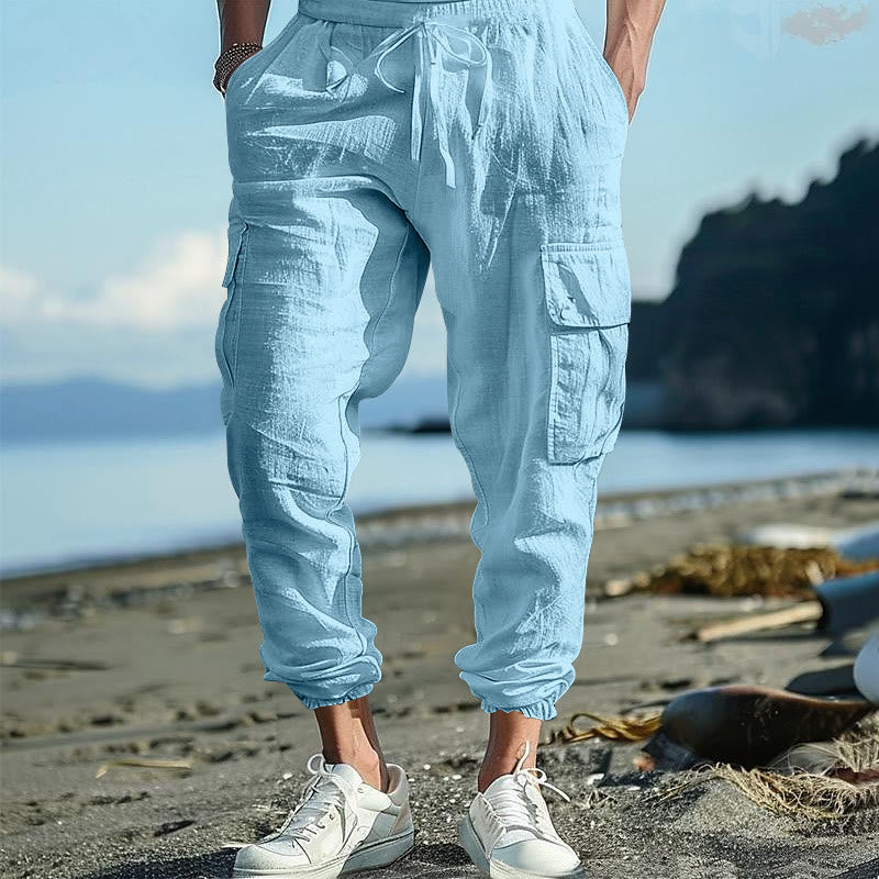 Pantaloni cargo da uomo in lino tinta unita con coulisse e tasche Buddha Stones - AzzurroCielo Chiaro - US/UK/AU46, EU56 (3XL) - image 8