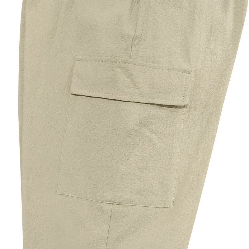 Pantaloni cargo da uomo in lino tinta unita con coulisse e tasche Buddha Stones - image 26