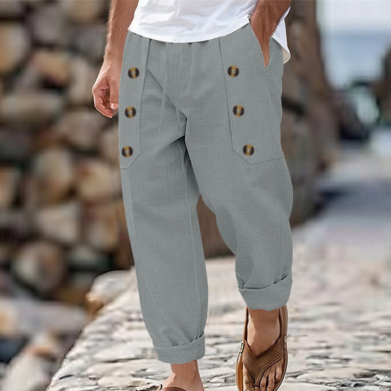 Pantaloni da uomo in cotone casual con bottoni in tinta unita e tasche Buddha Stones - Grigio scuro - US/UK/AU46, EU56 (3XL) - image 25