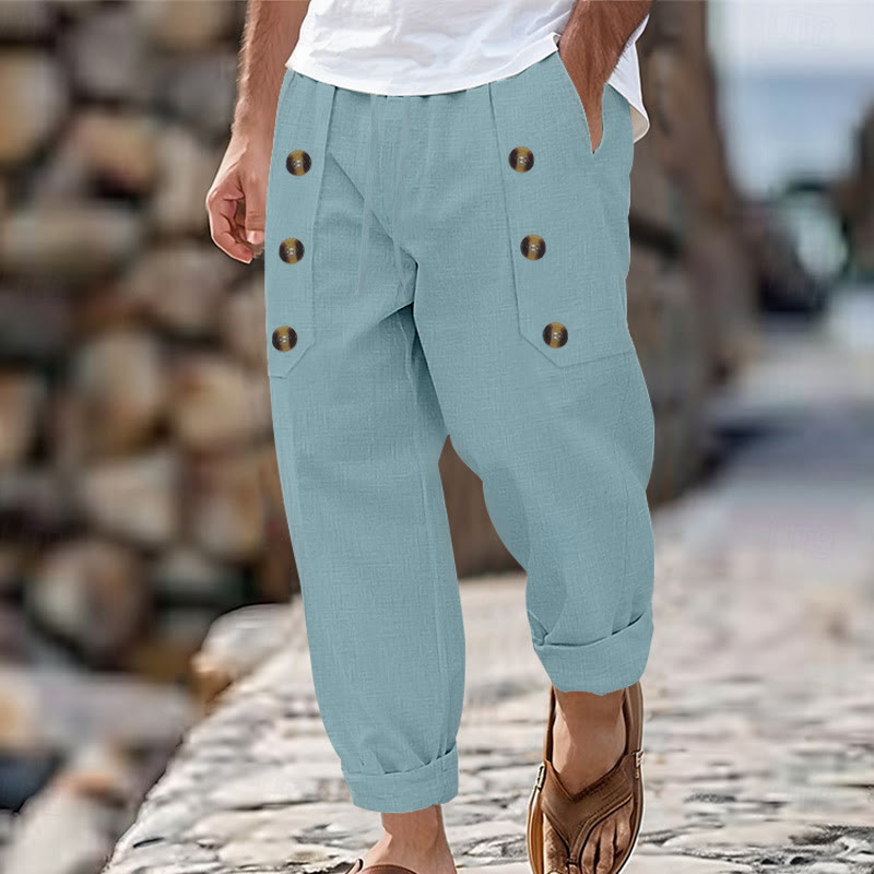 Pantaloni da uomo in cotone casual con bottoni in tinta unita e tasche Buddha Stones - Turchese pallido - US/UK/AU46, EU56 (3XL) - image 17