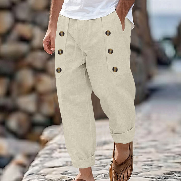 Pantaloni da uomo in cotone casual con bottoni in tinta unita e tasche Buddha Stones - Beige - US/UK/AU46, EU56 (3XL) - image 33