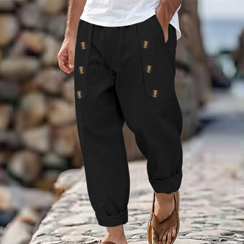Pantaloni da uomo in cotone casual con bottoni in tinta unita e tasche Buddha Stones - Nero - US/UK/AU46, EU56 (3XL) - image 9