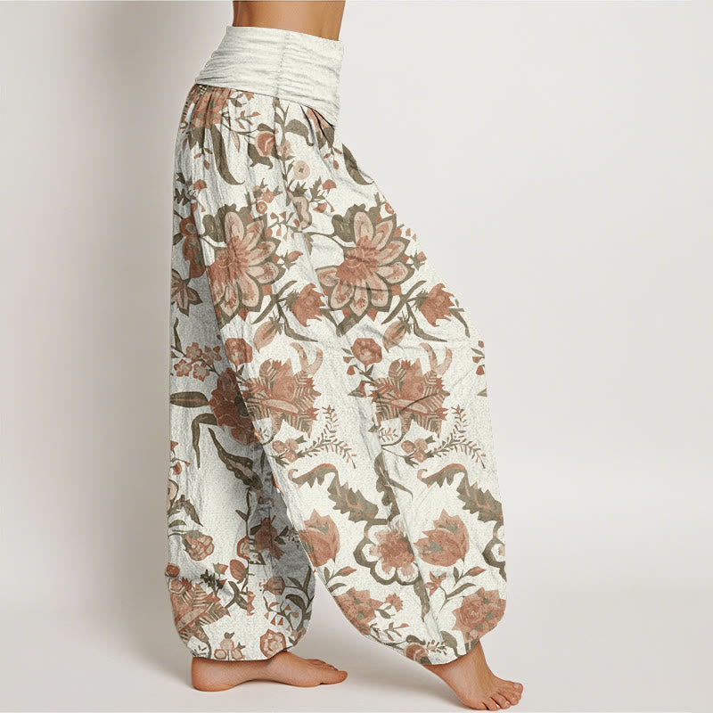 Pantaloni harem da donna con elastico in vita e motivo a girasole in puro cotone con Buddha Stones