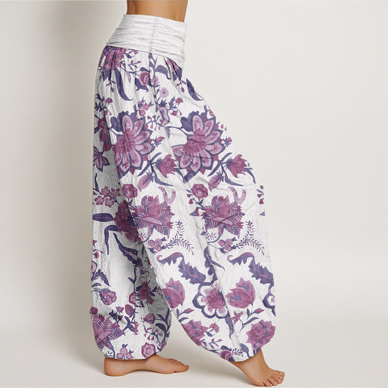 Pantaloni harem da donna con elastico in vita e motivo a girasole in puro cotone con Buddha Stones