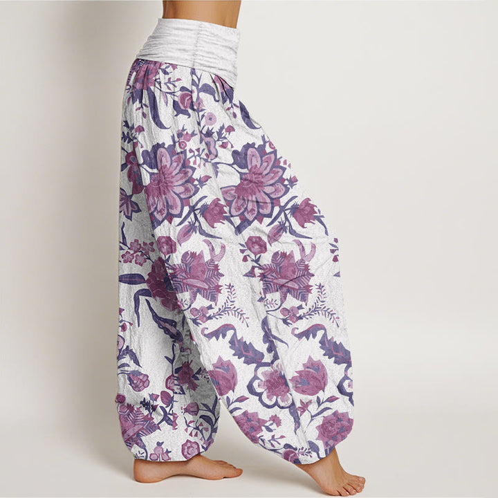 Pantaloni harem da donna con elastico in vita e motivo a girasole in puro cotone con Buddha Stones