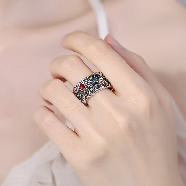 Anello di bilanciamento in argento placcato rame con motivo drago vintage Buddha Stones - image 4