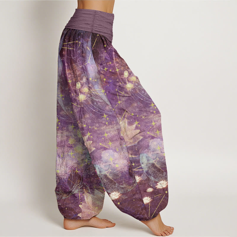 Pantaloni harem da donna con elastico in vita, in puro cotone, con motivo a pesce koi, loto, luna e stelle, Buddha Stones