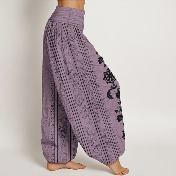 Pantaloni harem da donna con elastico in vita, in puro cotone, con motivo Buddha Stones, ruota del Dharma e motivo OM.