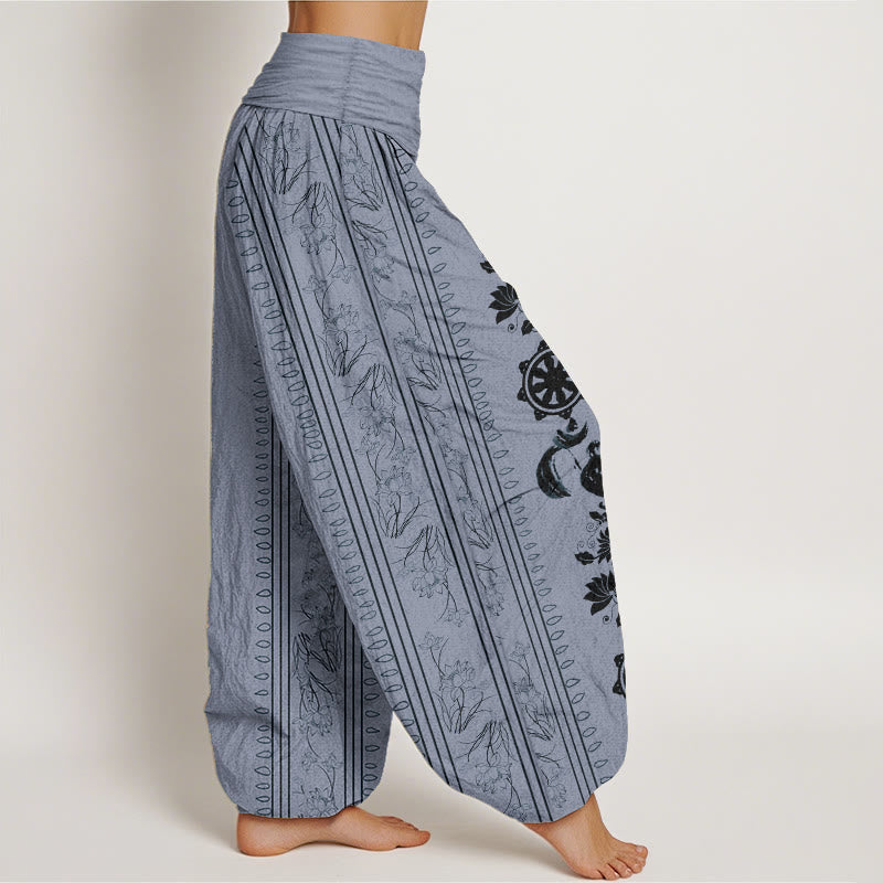 Pantaloni harem da donna con elastico in vita, in puro cotone, con motivo Buddha Stones, ruota del Dharma e motivo OM.