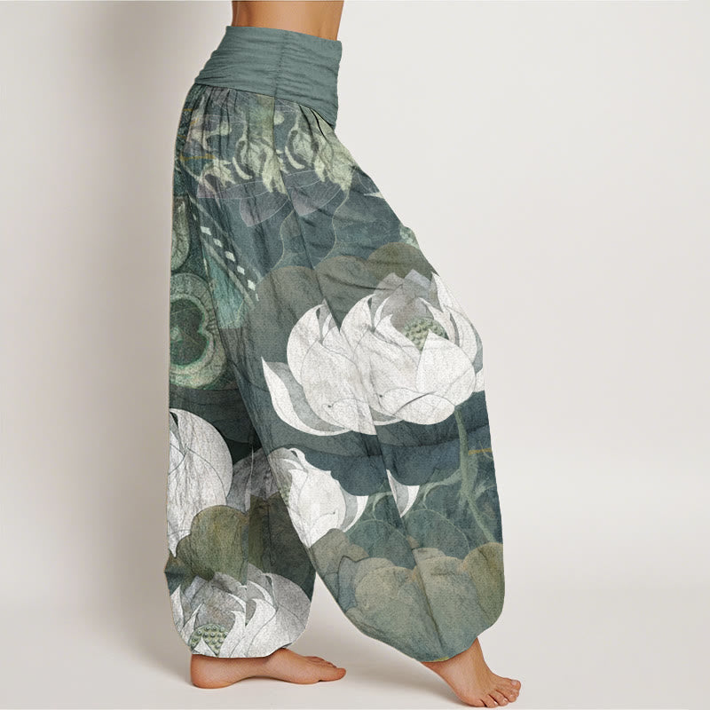 Pantaloni harem casual da donna con elastico in vita, in puro cotone, con motivo a foglie di loto bianco, motivo Buddha Stones