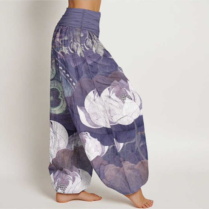 Pantaloni harem casual da donna con elastico in vita, in puro cotone, con motivo a foglie di loto bianco, motivo Buddha Stones