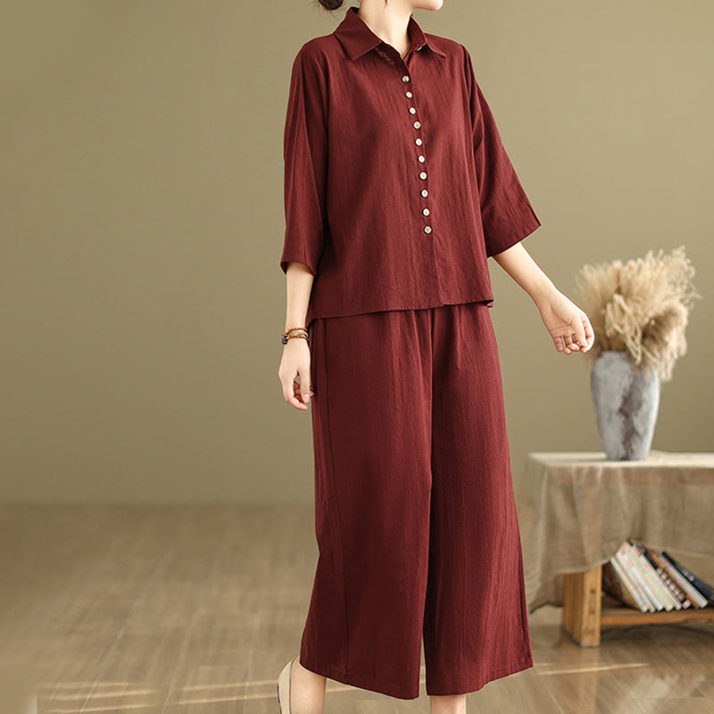 Set di abbigliamento da meditazione casual da donna con camicia e pantaloni larghi e colletto rialzato Buddha Stones 2 pezzi - image 23