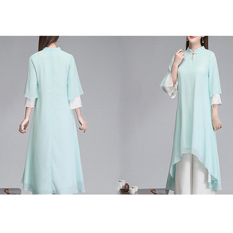 Buddha Stones Solido Donna Tre Quarti Manica Chiffon Irregolare Camicia Vestito Pantaloni Gamba Larga Meditazione Abbigliamento