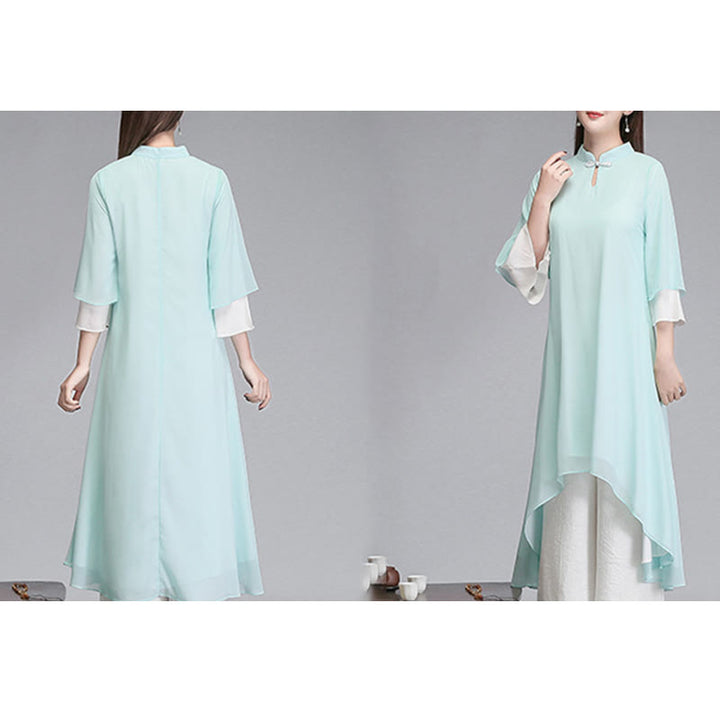 Buddha Stones Solido Donna Tre Quarti Manica Chiffon Irregolare Camicia Vestito Pantaloni Gamba Larga Meditazione Abbigliamento