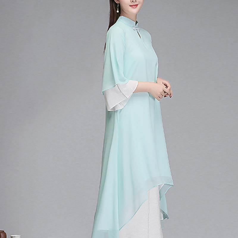 Buddha Stones Solido Donna Tre Quarti Manica Chiffon Irregolare Camicia Vestito Pantaloni Gamba Larga Meditazione Abbigliamento