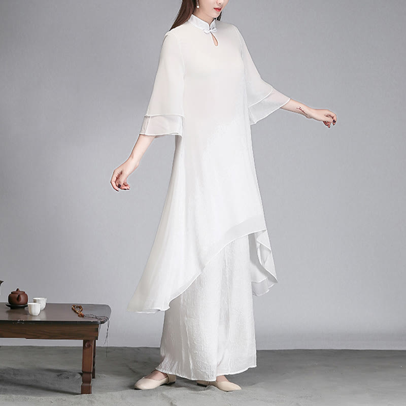 Buddha Stones Solido Donna Tre Quarti Manica Chiffon Irregolare Camicia Vestito Pantaloni Gamba Larga Meditazione Abbigliamento