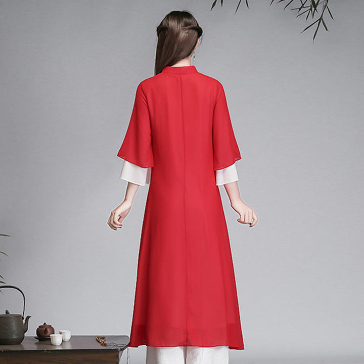 Buddha Stones Solido Donna Tre Quarti Manica Chiffon Irregolare Camicia Vestito Pantaloni Gamba Larga Meditazione Abbigliamento