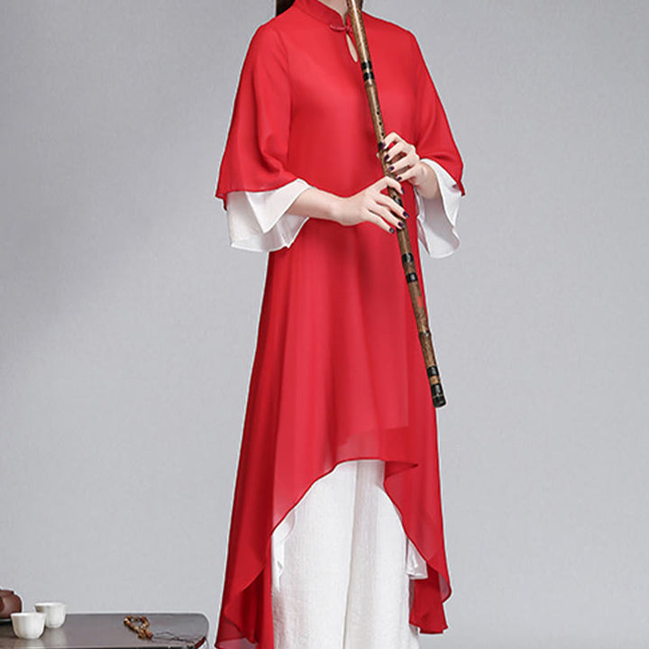 Buddha Stones Solido Donna Tre Quarti Manica Chiffon Irregolare Camicia Vestito Pantaloni Gamba Larga Meditazione Abbigliamento