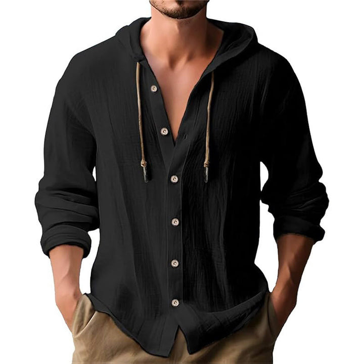 Camicia da uomo in lino con cappuccio, coulisse, bottoni, manica lunga, tinta unita, motivo Buddha Stones - Nero - US/UK/AU44, EU54 (3XL) - image 1