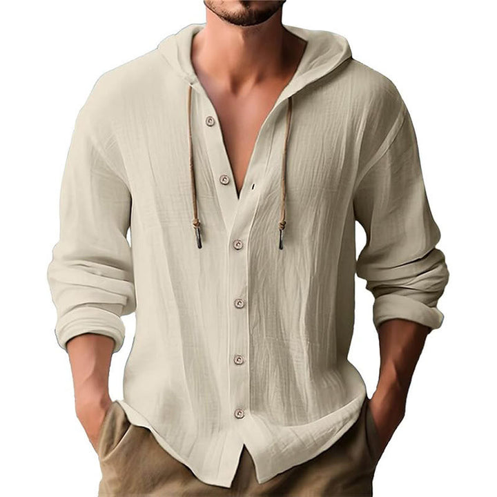 Camicia da uomo in lino con cappuccio, coulisse, bottoni, manica lunga, tinta unita, motivo Buddha Stones - Beige - US/UK/AU44, EU54 (3XL) - image 25
