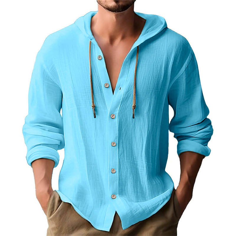 Camicia da uomo in lino con cappuccio, coulisse, bottoni, manica lunga, tinta unita, motivo Buddha Stones - AzzurroCielo Chiaro - US/UK/AU44, EU54 (3XL) - image 18