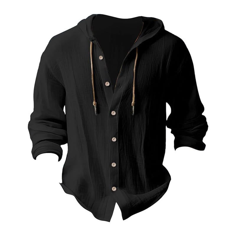 Camicia da uomo in lino con cappuccio, coulisse, bottoni, manica lunga, tinta unita, motivo Buddha Stones - image 2